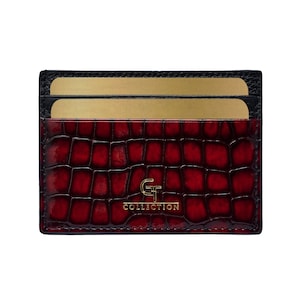 Tarjetero con estampado de cocodrilo brillante para hombre - Cuero genuino rojo / Cartera delgada elegante para tarjetas / Regalo de prestigio para hombres - Regalo para el día de San Valentín