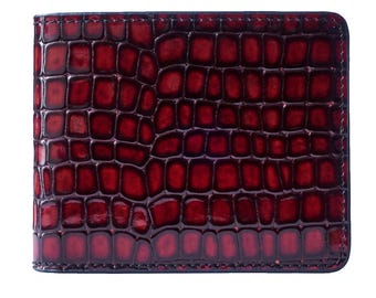 Red Croc-Embossed Leather Wallet - Slim Elegant Bifold