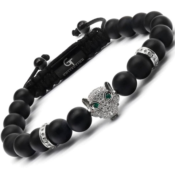 Men's Black Onyx Bracelet With Silver Leopard Cat Head