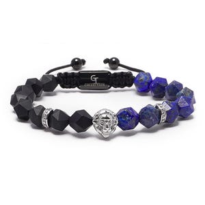 Men&#39;s Lapis Lazuli & Onyx Bracelet with Silver Lion Head