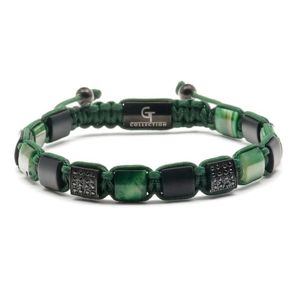 Green Tiger Eye, Matte Onyx Flatbead Bracelet For Men - Green & Black Stones - Men's Beaded Bracelet - Adjustable Beaded Bracelet for Men