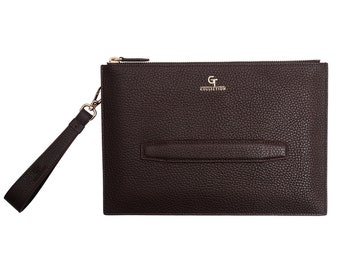 Men's Brown Leather Clutch Bag: Handmade Wristlet Wallet with Gold Details