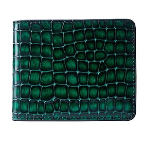 Cartera con estampado de cocodrilo para hombre - Cuero genuino verde / Cartera delgada elegante / Regalo de prestigio para hombres - Regalo para el día de San Valentín