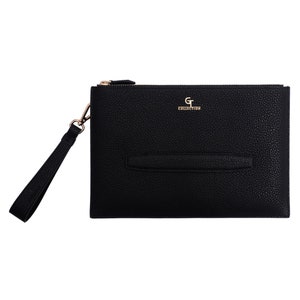 Bolso de mano de piel para hombre, cartera con cremallera, negro con detalles dorados, regalo de cumpleaños para hombre, accesorio para teléfono y tarjetas, bolso de viaje