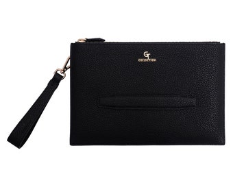 Men's Leather Clutch Bag: Black Zipped Wallet with Gold Details