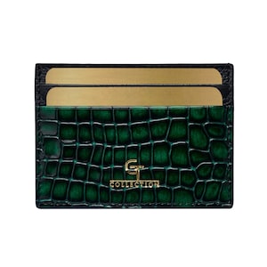 Tarjetero con estampado de cocodrilo brillante para hombre - Cuero genuino verde / Cartera delgada elegante para tarjetas / Regalo de prestigio para hombres - Regalo para el día de San Valentín