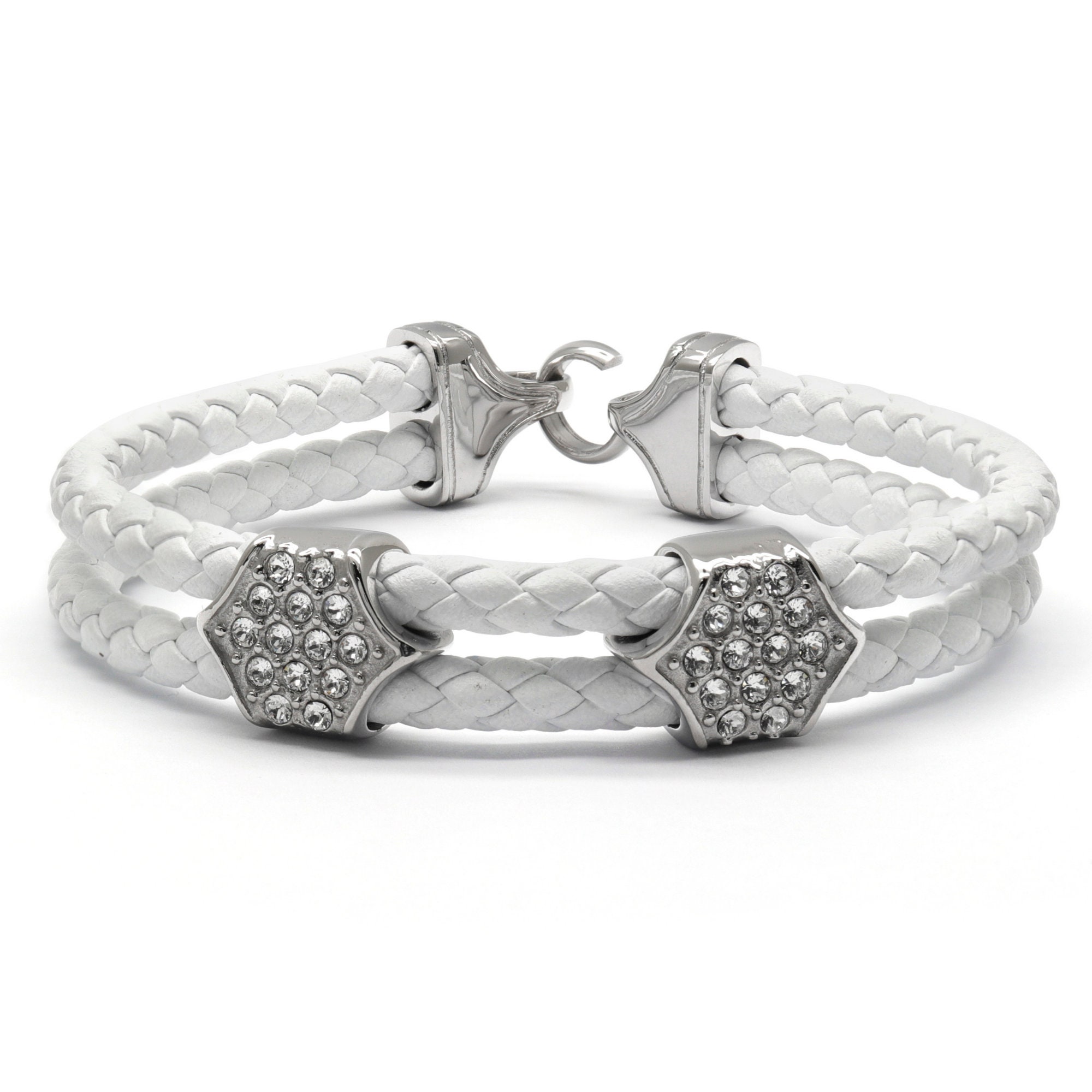 Men's Bracelet Silver Nail with Zircon Diamond - White Leather