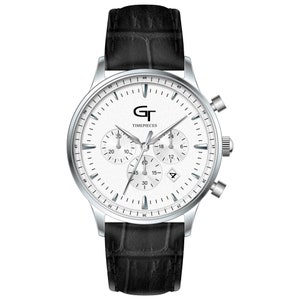 GT collection Stylish Men&#39;s Black Leather Strap Watch, Sapphire crystal with Round White Watch Face, Water Resistant Groomsmen Watch