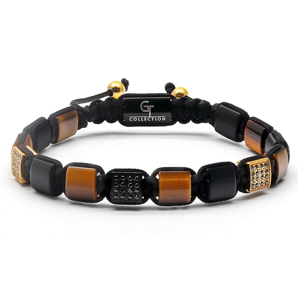 Oeil de tigre, bracelet à perles plates Onyx noir pour hommes - Pierres brunes et noires - Bracelet perlé pour hommes - Bracelet perlé réglable pour hommes