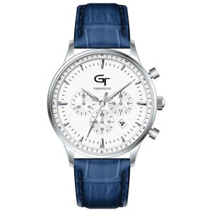 GT collection Genuine Men&#39;s Blue Leather Strap Watch, Sapphire crystal, 5ATM Water Resistant White Watch Face, Groomsmen Watch