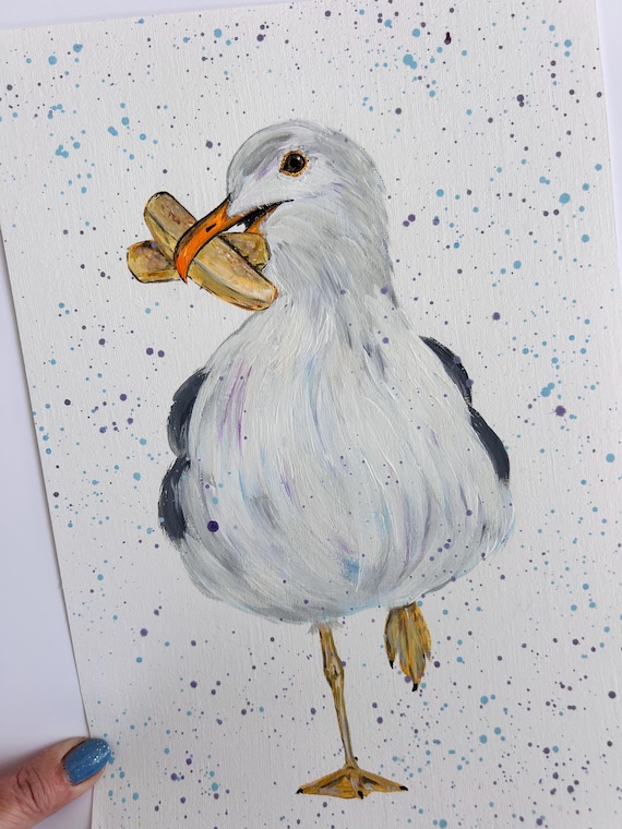 Greedy Sea Gull Hand Painted Original Art, Bird Wall Art, Home Decor