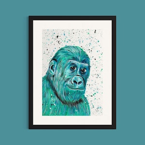 Gorilla Art Print ‘Kevin’, Wildlife Painting, Primate Art, Happy Monkey Art, Wall Decor, Kids Room, Nursery Prints, Colourful Animal Art