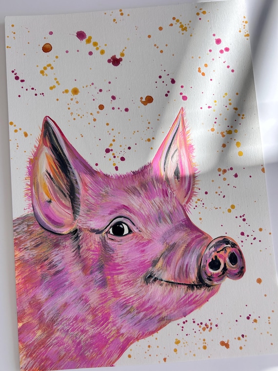 Original Acrylic Pink Happy Pig Painting, Colourful Animal Farm Decor, Emma LC Art
