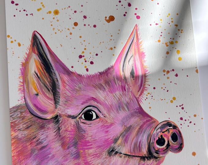 Original Acrylic Pink Happy Pig Painting, Colourful Animal Farm Decor, Emma LC Art