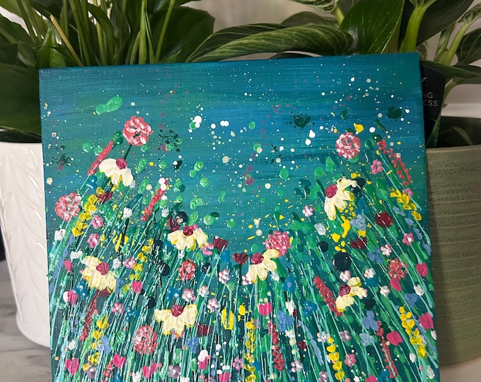 Wildflowers Original Acrylic Painting: Colourful Floral Art, Botanical Wall Decor, Square Canvas Panel Art
