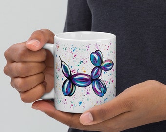 Balloon Dog Mug, Quirky Coffee Cup, Birthday Mug, Modern Print, Hand Painted, Unique Mug Design, Cool Gift Ideas, Tea Cup,