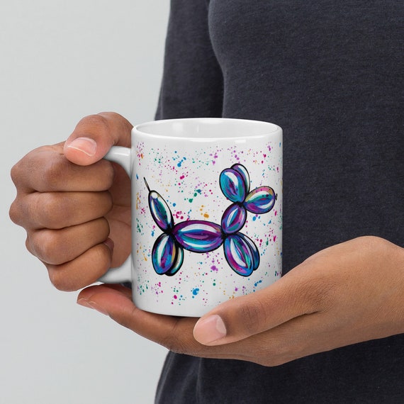 Balloon Dog Mug, Quirky Coffee Cup, Birthday Mug, Modern Print, Hand Painted, Unique Mug Design, Cool Gift Ideas, Tea Cup,