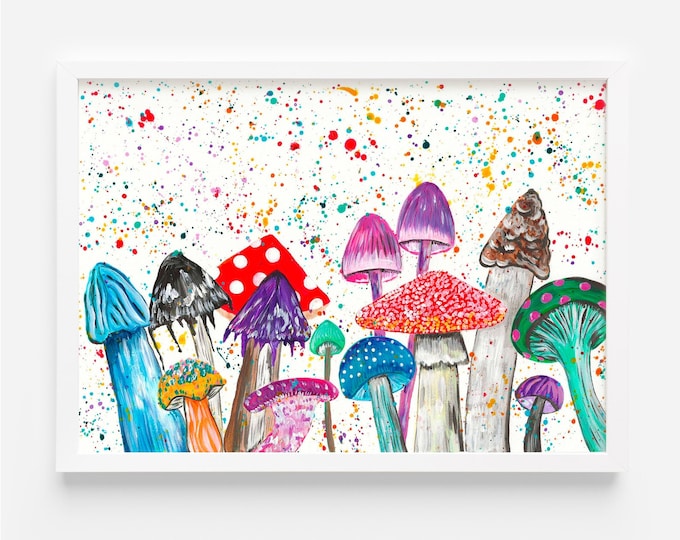 Mushroom Party Painting, Original Acrylic Painting, Colourful Fungi, Quirky Art, Botanical Painting, Bright Wall Art, Nature Decor,