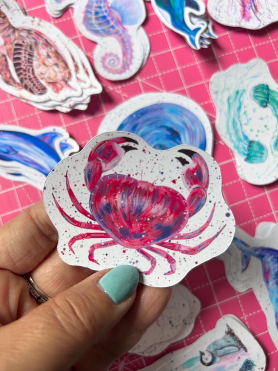 Pink Crab Vinyl Sticker: Sea Life Decal for Laptop, Journal