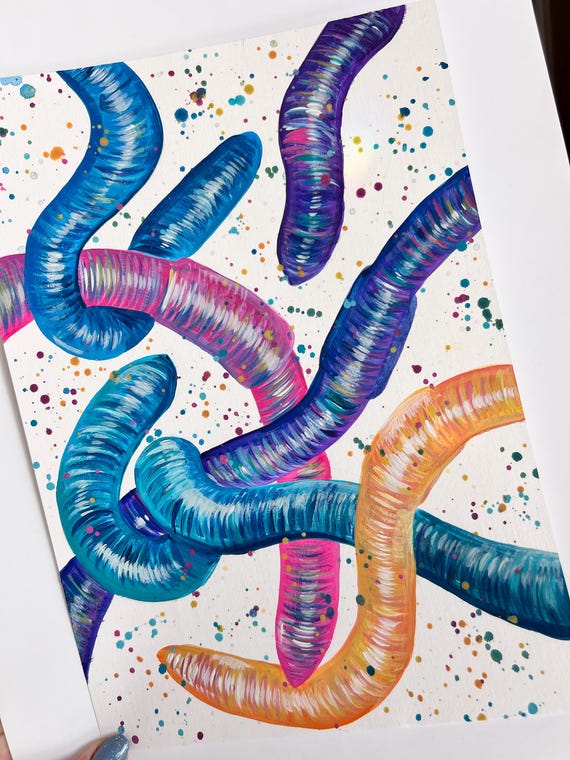 Colourful Earthworms Original Painting, Funky Home Decor, Unique Wall Art