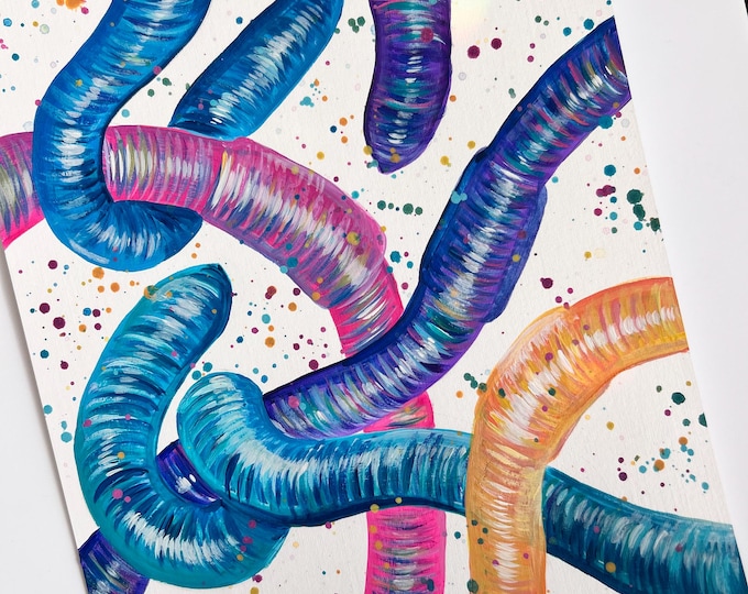 Colourful Earthworms Original Painting, Funky Home Decor, Unique Wall Art