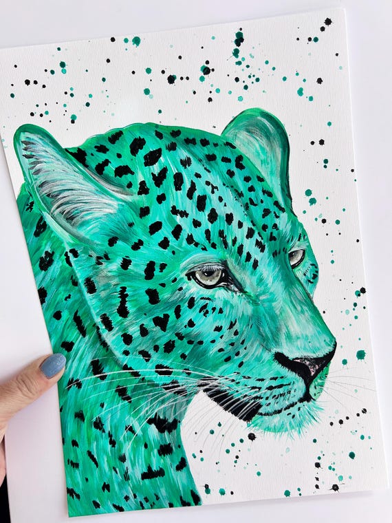 Vibrant Leopard Painting, An Original Acrylic Painting of a Green Snow Leopard by Emma LC, Animal Painting, Wildlife Decor