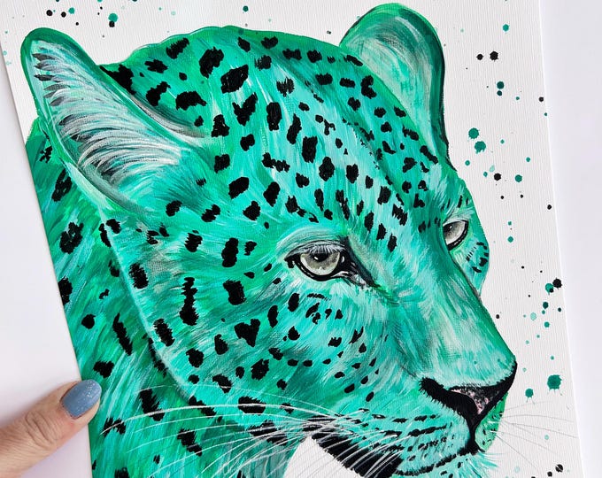 Vibrant Leopard Painting, An Original Acrylic Painting of a Green Snow Leopard by Emma LC, Animal Painting, Wildlife Decor