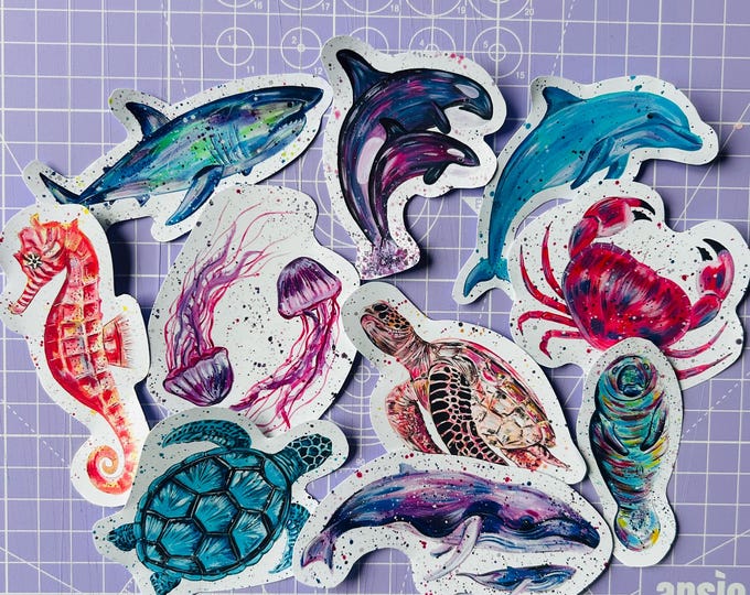 Sea Life Sticker Pack, 10 Designs, Animal Stickers, Marine Life, Decal Pack, Wildlife Artist