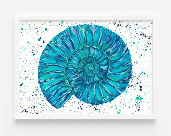 Blue Ammonite Painting, Original Art, Colourful Home Decor, Wall Art, Fossil, Acrylic Painting, Hand Painted Ammonite Art,