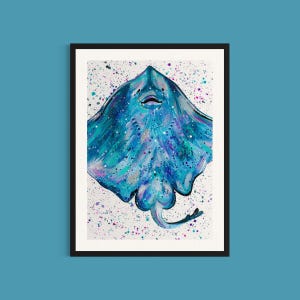 Manta Ray Art Print ‘Sammy’, Ray Fish Belly, Under the Sea Nursery Decor, Sea Life Wall Art, Animal Painting, Kids Room Decor, Ocean Art
