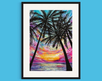 Sunset Beach Art Print, ‘Palm Paradise’, Bright Art, Colourful Decor, Abstract Painting, Beach Scene Decor, Living Room Print,