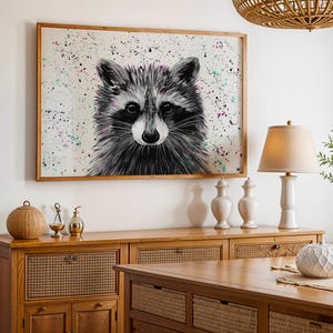 Raccoon Art Print: Colourful Wildlife Painting, Kids Nursery Decor image 1