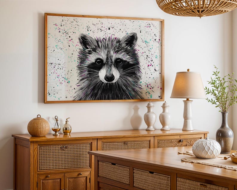 Raccoon Art Print: Colourful Wildlife Painting, Kids Nursery Decor image 1