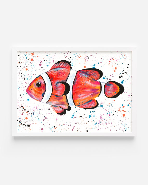 Clownfish Painting , ‘Mavis’, Orange and White Fish, An original acrylic A4 painting,  Fish Art, Wall Decor, Home Decoration, Animal Artwork