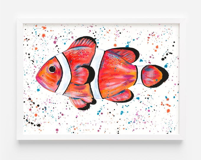 Clownfish Painting , ‘Mavis’, Orange and White Fish, An original acrylic A4 painting,  Fish Art, Wall Decor, Home Decoration, Animal Artwork