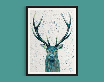 Stag Art Print ‘Patrick’, Stag Painting, Colourful Animal Art, Wildlife Artist, Christmas Art, Home Decor, Stag Head Art, Colourful Art