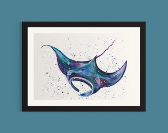 Manta Ray Art Print ‘Marlie’, Manta Ray Painting, From an Original Acrylic Painting, Sea Life Print, Colourful Animal Art, Home Decor