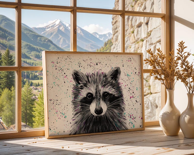 Raccoon Art Print: Colourful Wildlife Painting, Kids Nursery Decor image 6