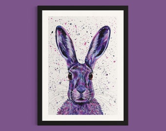 Wild Hare Art Print ‘Hallie’, Colourful Animal Wall Art, Bold Prints, British Wildlife Decor, Countryside, Nature Prints, Farmhouse Decor,