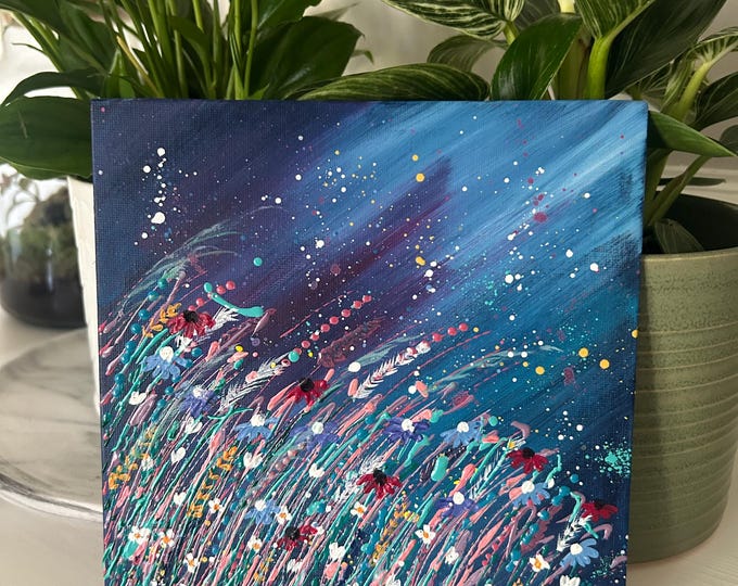 Wildflowers Original Acrylic Painting: Colourful Floral Art, Botanical Wall Decor, Square Canvas Panel Art