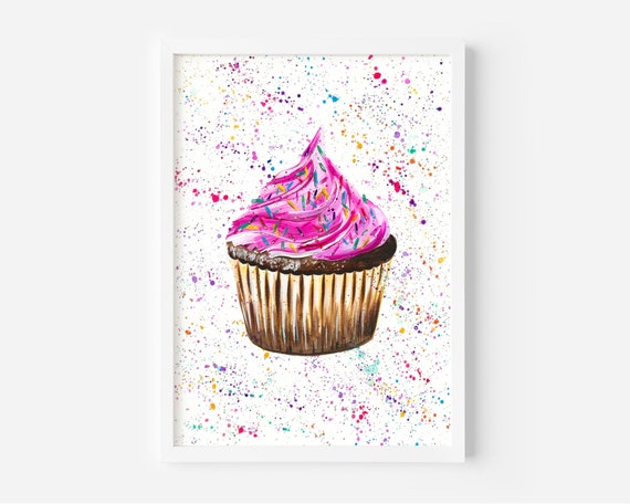 Pink Cupcake Painting, Original Artwork, Cake Art, Original Funky Art, Colourful Decor, Kitchen Pictures, Quirky Art, Food Art, Foodie Pics