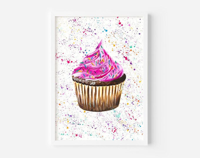 Pink Cupcake Painting, Original Artwork, Cake Art, Original Funky Art, Colourful Decor, Kitchen Pictures, Quirky Art, Food Art, Foodie Pics