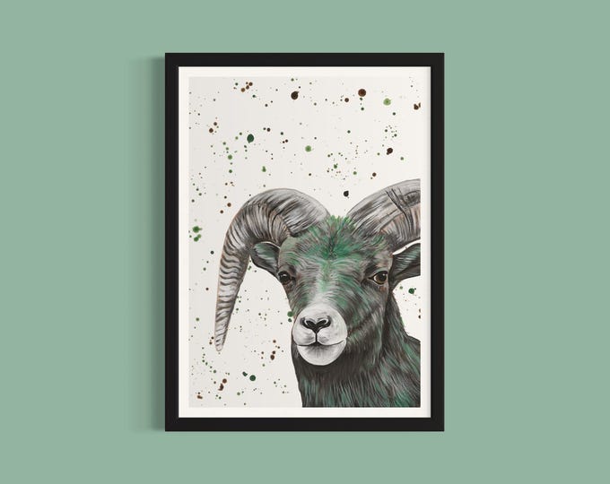 Ram Sheep Art Print ‘Addy’, Horned Sheep, Vibrant Farm Animal Art, Colourful Farmyard Decor, Countryside Wall Art, Aries Horoscope Gifts,