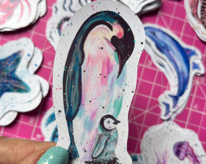 Penguin Mum and Baby Sticker, Vinyl Animal Decal, Small Journal Sticker, Wildlife Stickers, Penguin Decal, Scrapbooking