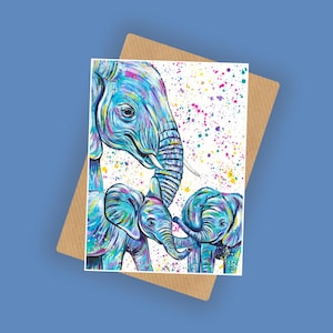 Carte de voeux famille éléphant, carte vierge A6 10 x 15 cm, nouveau-né, carte animal, carte de fête des mères, cadeaux safari, éléphanteaux