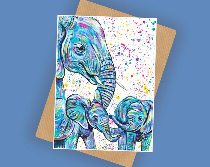 Elephant Family Greeting Card, A6 10x15cm Blank Card, New Baby, Animal Card, Mothers Day Card, Safari Gifts, Baby Elephants