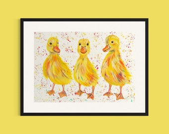 Ducklings Art Print, Yellow Ducks Painting, Duck Gifts, Duck Picture, Farmhouse Decor, Nursery Prints, Bright Paintings, Cute Animals