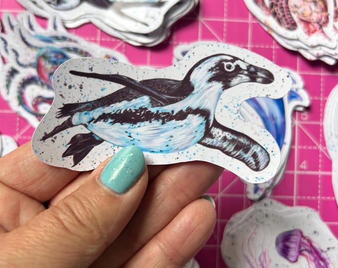 Penguin Sticker, Glossy Vinyl Animal Decal, Small Journal Sticker, Cute Wildlife Stickers, Swimming Penguin Decal, Scrapbooking