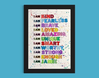 Kids Affirmation Print: Rainbow Splatter, Custom Name Decor