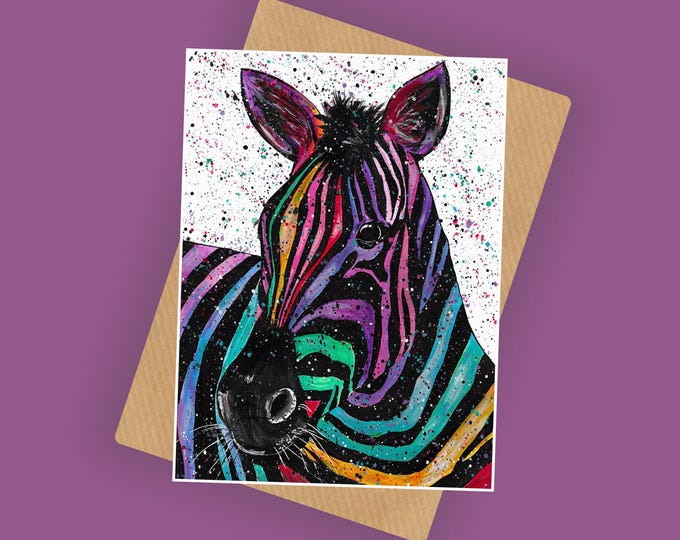 Zebra Blank Greeting Card ‘Nellie’, A6 10x15cm Card, Rainbow Animal Card, Any Occasion, Safari Animal, Funky Card, Cool Gifts, Birthday Card